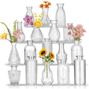 Glass Bud Vases in Bulk Set of 17, Transparent Clear Small Mini Vases for Flowers, Vintage Vase for Centepiece,Wedding, Table Decor, Baby Shower, Christmas, Home and Events