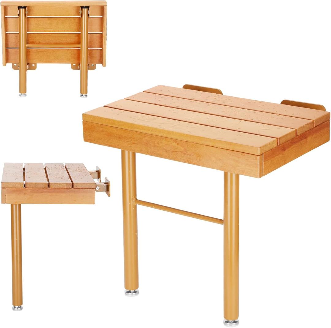 Folding Shower Seat Wall Mounted - Teak Shower Bench with Support Legs, Foldable Bath Safety Stool for Seniors & Elderly, Max Load 400lb, Stainless Steel & Wood Design for Small Shower