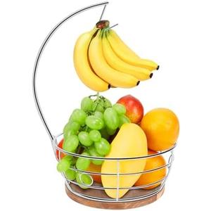 Livabber Countertop Fruit Basket Bowl with Banana Hanger, Modern Standing Fruit Vegetable Bowl Storage, with Banana Tree Holder for Kitchen Dinning Table (Round Wood, Chrome)