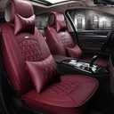 Skysep Red Wine Full Set Universal Fit 5 Seats Car Surrounded Solid Color Waterproof Leather Car Seat Covers Protector Adjustable Removable Auto Seat Cushions with 2 Waist Pillows 2 Headrest Pillows