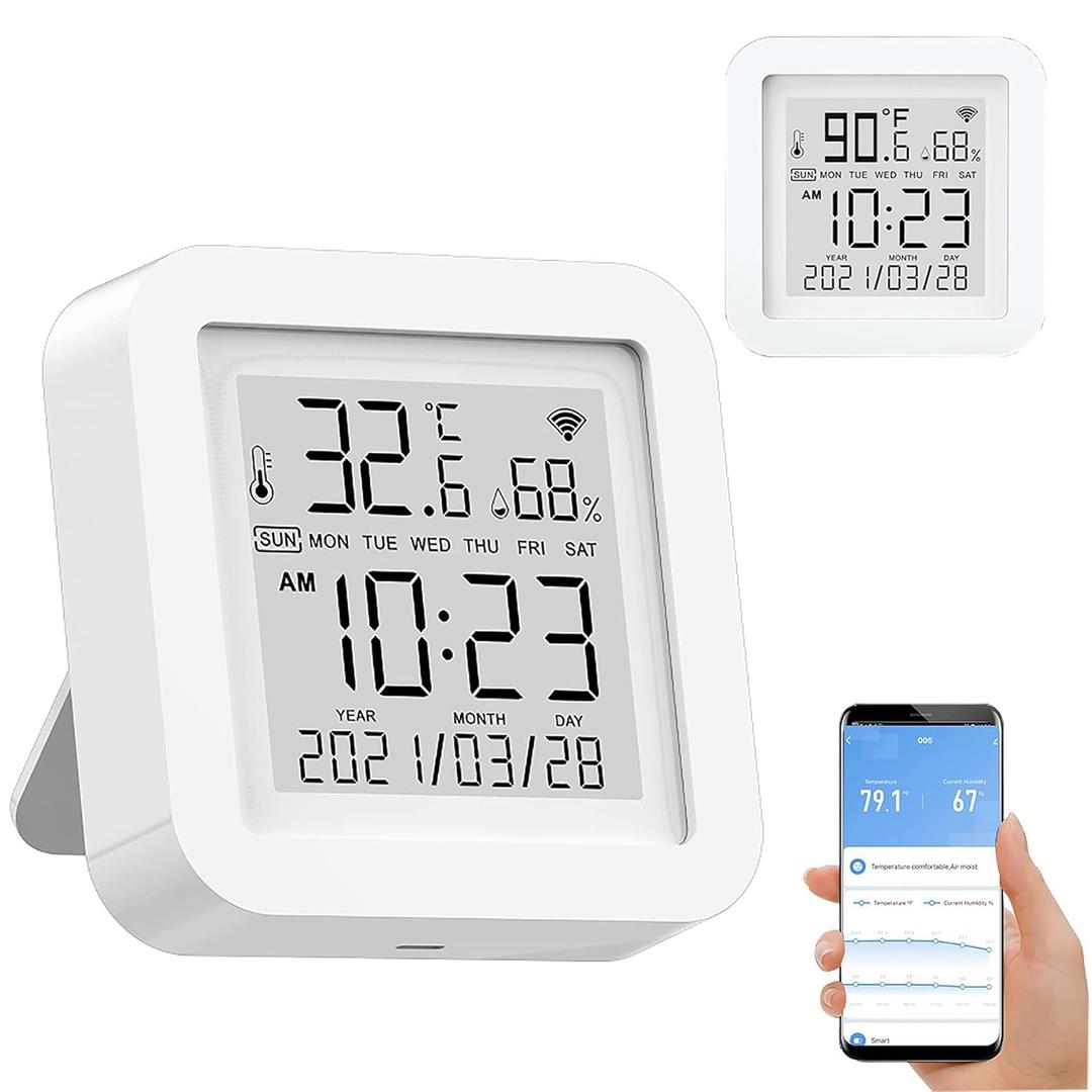 Smart Wi-Fi Temperature Humidity Monitor: TUYA Wireless Temperature Humidity Sensor with APP Notification Alerts, Wi-Fi Thermometer Hygrometer for Home Pet Garage, Compatible with Alexa