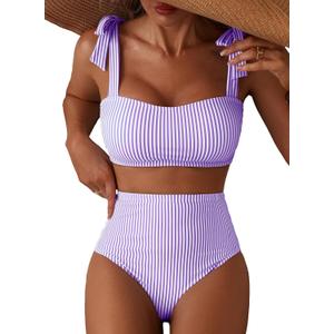 Herseas Women's Tie Shoulder Bikini Sets 2 Piece Striped Swimsuits High Waisted Bathing Suits (Large)