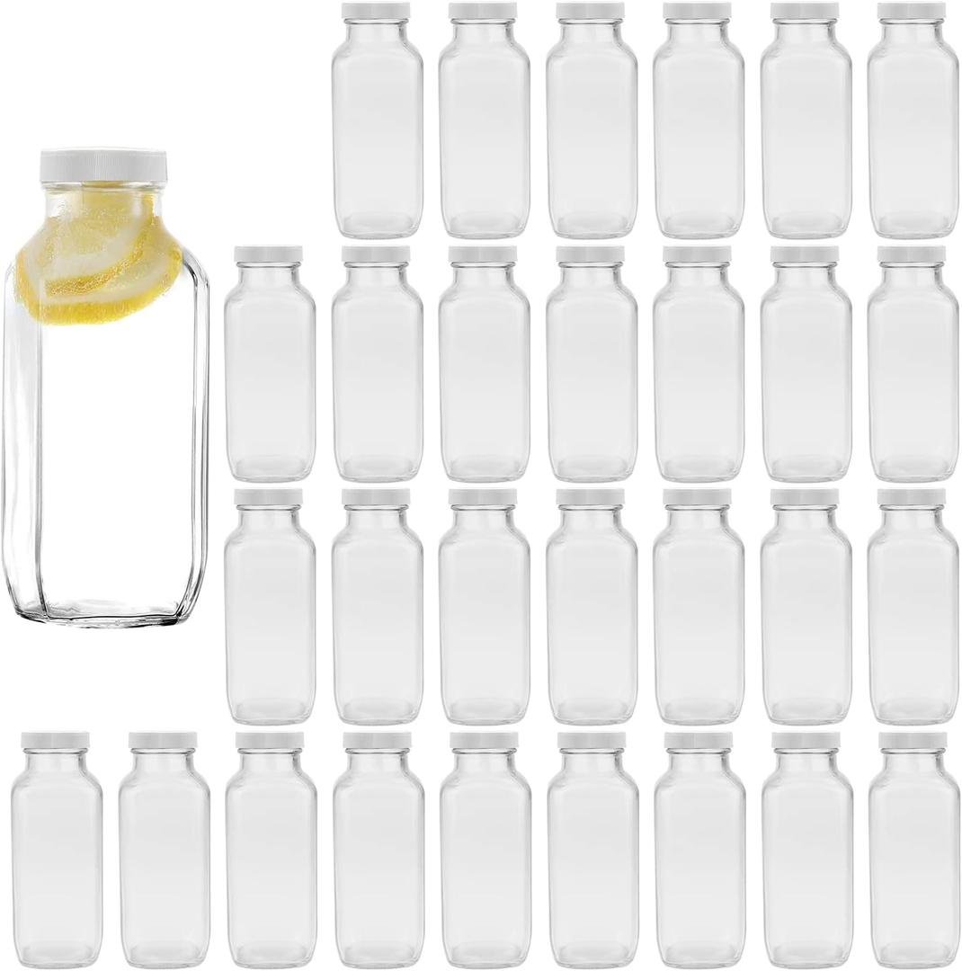 Encheng 8 oz Glass Bottles,Reusable Glass Water Bottle With Airtight Lids,Vintage Drinking Jars for Smoothies, Kombucha,Tea,Juicing Bottles Beverage Milk Bottle With Caps,Liquid Storage Jars 30pack