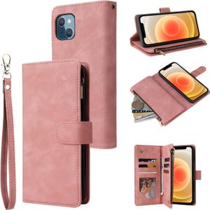 RANYOK Wallet Case for iPhone 14 (6.1 inch) with RFID Blocking Credit Card Holder, Premium PU Leather Zipper Pocket Flip Folio Case Wallet with Wrist Strap Kickstand Protective Case (Pink)