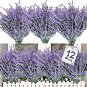 TURNMEON 12 Bundles Artificial Lavender Flowers Fake Flowers Artificial Plants Outdoor UV Resistant Flocked Faux Plastic Shrubs Wedding Bouquet Window Box Table Home Spring Summer Decor(Gray Purple)