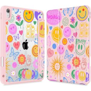 May Chen for iPad Air 11-inch M4/M3/M2 (2026/2025/2024), iPad Air 5th/4th 10.9 Inch - Shockproof Cover with Clear Back Shell & Penceil Holder Auto Wake/Sleep Stand Cover, Smile Pattern