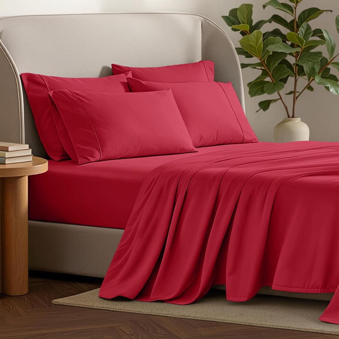 Bare Home Hotel Luxury King Sheet Set, Extra Soft - 6 Piece Set - Deep Pockets - Easy Fit - Cooling & Breathable - Wrinkle, Fade, Stain Resistant - Includes 4 Pillowcases (King, Red)