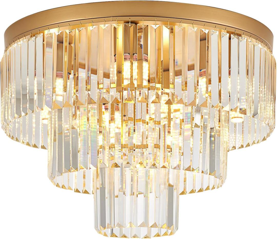 10-Light Gold Crystal Ceiling Light 21.65" Modern Crystal Ceiling Light Fixture 3-Tier Luxury K9 Crystal Flush Mount for Dining Room Kitchen Island Living Room Bedroom Entryway