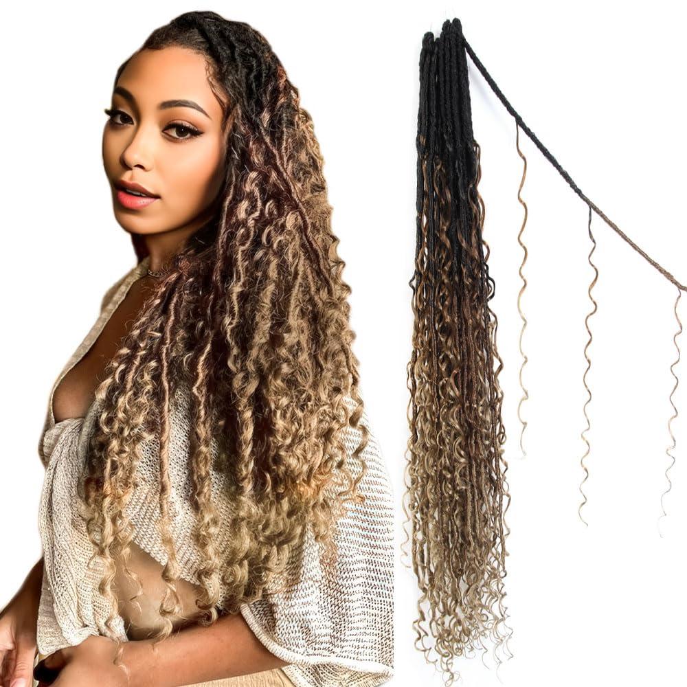 Boho Goddess Faux Locs Crochet Hair 30 Inch 8 Packs Distressed Soft Locs Pre Looped Crochet Braids with Curly Ends (80 Strands, 1B/30/27)