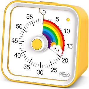 Visual Timer for Kids with Pause Function, Cute Silent Timer with Rainbow for Classroom, Teaching, Task, Kitchen, 60 Minute Countdown Time Management for ADHD (Rainbow Yellow)