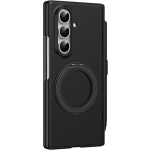 Magnetic Case for Samsung Galaxy Z Fold 7, All-Inclusive Screen Hinge Protection Frosted Case with S-Pen Holder and Metal Ring Stand Cover,Black,Z Fold 7