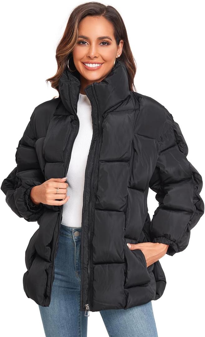 Epsion Womens Winter Casual Puffer Jacket Padded Long Sleeve Full Zipper Stand Collar Pockets Quilted Coats Outwear (X-Large, Black1)
