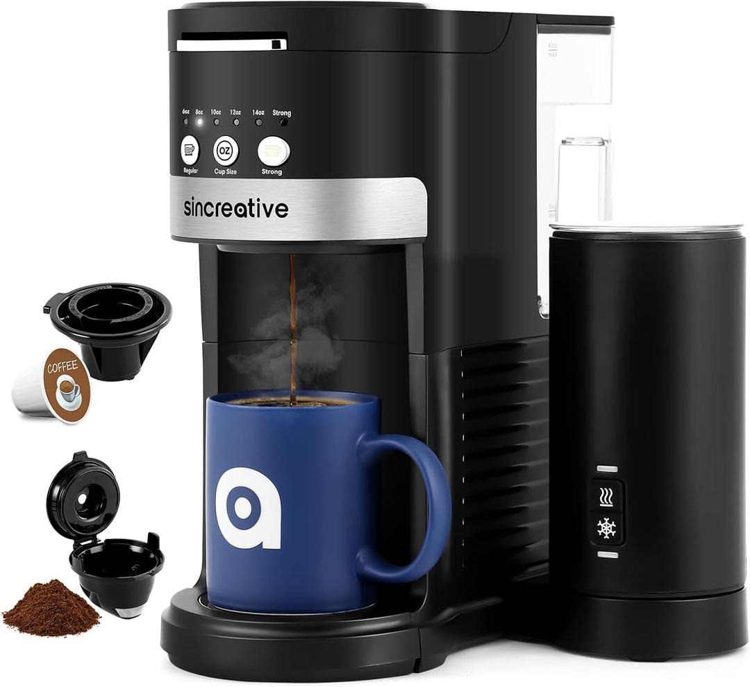 Sincreative Single Serve Coffee Maker with Milk Frother, Single Cup Coffee Makers for K Cup Pod or Ground Coffee, Latte Cappuccino Coffee Machine with Strong Brew Function, Gifts for Mom Dad Women Men