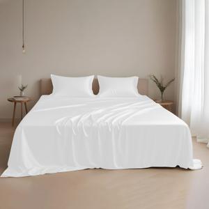 Linenwalas Eucalyptus Silk Sheet Set for Queen Size Bed 4Pc  Premium Tencel Lyocell Deep Pocket Bed Sheets Set - Soft Breathable & Cooling Sheets for Hot Sleepers (Queen, White)