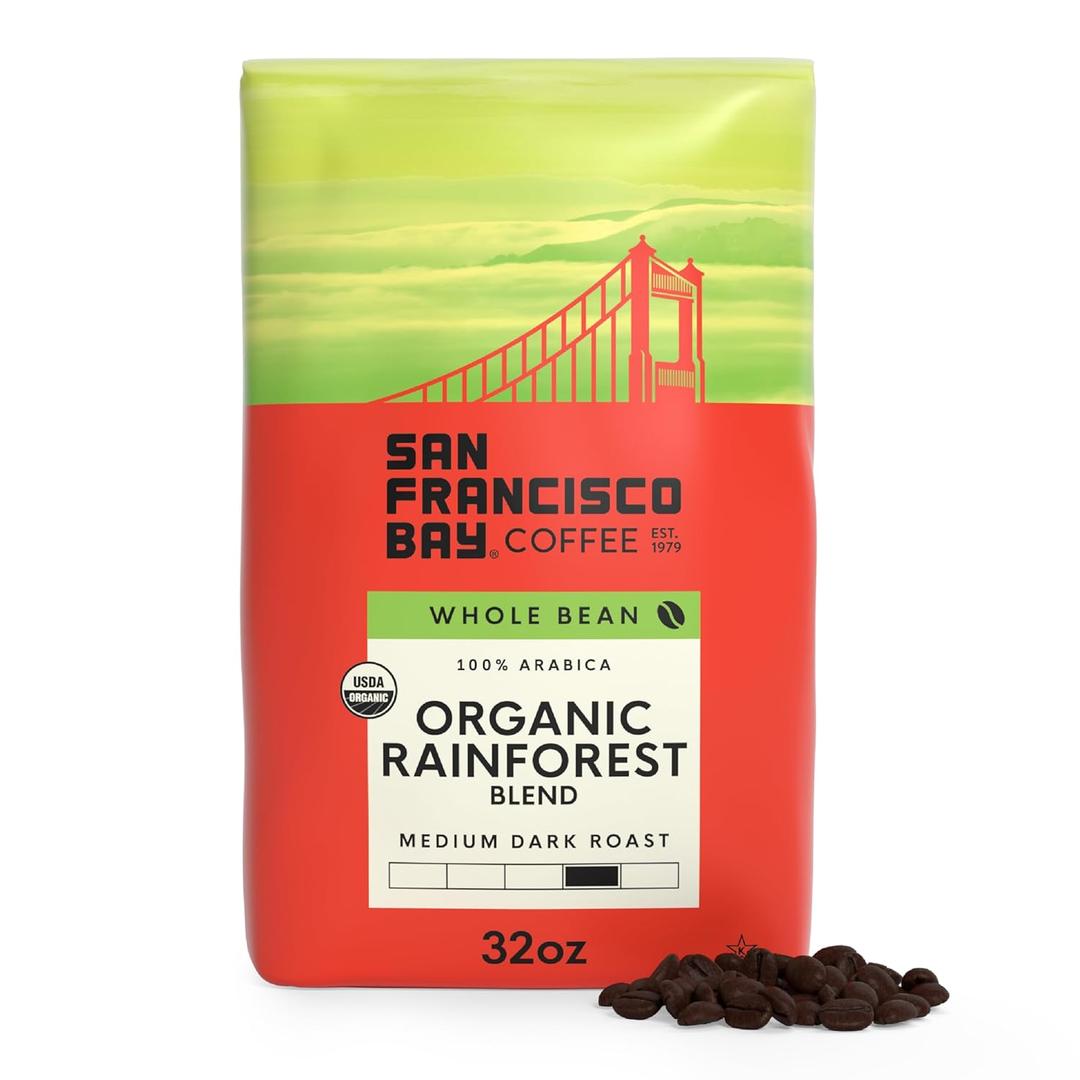 2 x San Francisco Bay Whole Bean Coffee, Organic Rainforest Blend (32 oz Bag), Medium-Dark Roast, USDA Organic Coffee Beans (EXP 06/25/26)