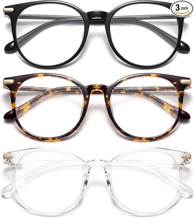 Gaoye 3 Pack Blue Light Blocking Glasses, Retro Round Eyewear Frame Anti Eyestrain Computer Glasses for Women Men  GY1688 (Black+Tea Leopard+Transparent)