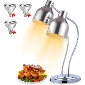 Food Heat Lamp - [3 Bulbs Included] [Rapid-Heating], 500W Commercial Food Warmer Light, Heat Lamp for Food, Catering Warming Lamp for Buffet Parties, Painted Silver (2 Head)