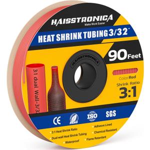 haisstronica 3:1 Heat Shrink Tubing, Shrink Ratio Adhesive Lined Marine Grade Heat Shrink Tube for Home, Automotive and Industrial (Red) 90FT 3/32inch