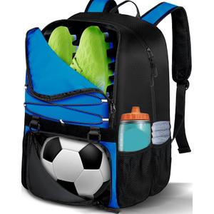 Youth Soccer Bag, Soccer Backpack with Ball Compartment, Sports Equipment Training Bags Fits Basketball Football Volleyball and Accessories, Black (Blue)