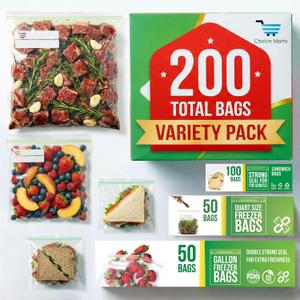 Baggies Variety Size Pack - 200 pcs, Leak Proof Freezer Bags
Variety of 50 Gallon, 50 Quart And 100 Sandwich, BPA-Free Food Storage Bags, Resealable Zipper Seal, Freezer Safe