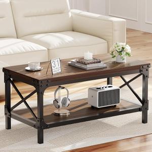 Rectangle Coffee Tables for Living Room, Wood Rectangular Coffee Table, 2 Tier Dark Brown Modern Center Table with Thickened Tabletop and Metal Frame, 40 inch Long (Walnut), 39inch