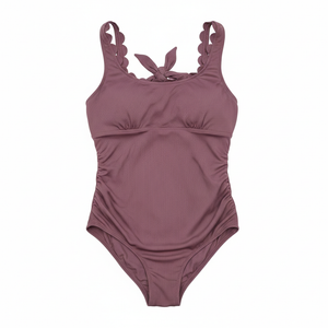 Summer Mae Scalloped Maternity Swimsuit One Piece Ribbed Bathing Suit Cutout Ruched Pregnancy Swimwear Tie Back (Large, Black)