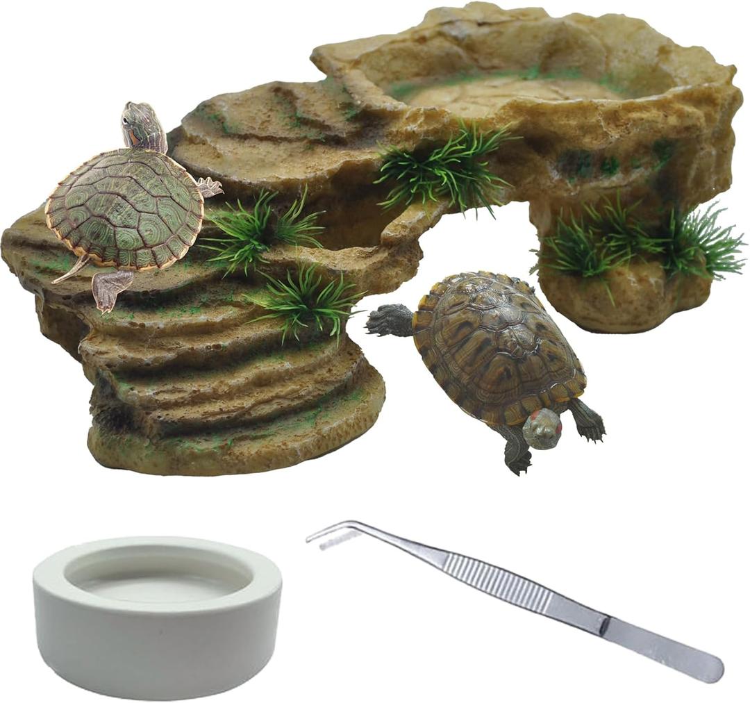 kathson Turtle Basking Platform, Tortoise Resin Climbing Rock Rectangular Resting Terrace Tank Accessories,Reptiles Dock Hide Cave Habitat Decoration for Bearded Dragon Lizard Geckos Spiders (3 PCS)