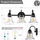 Bathroom Light Fixtures over Mirror, 3 Lights Vintage Wall Sconces with Hammered Glass Shade, 19.3" Matte Black Farmhouse Bathroom Wall Light Fixtures for Bedroom, Porch, Hotel, Mirror Cabinet