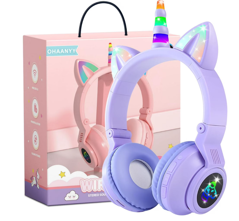 Unicorn Kids' Bluetooth Headphones,Foldable Wireless Headphones for Children with Cable and Microphone Earphones Volume Control,Unicorn-Inspired Gift Design for Birthday Gift & Christmas (purple)