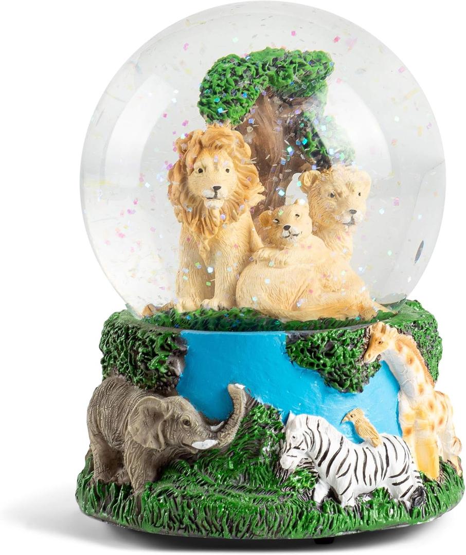 Elanze Designs Lions Zebras Elephants and Giraffes 100MM Sturdy Wind Up Music Glitter Water Snow Globe Tabletop Dresser Figurine Decoration Plays Tune Born Free