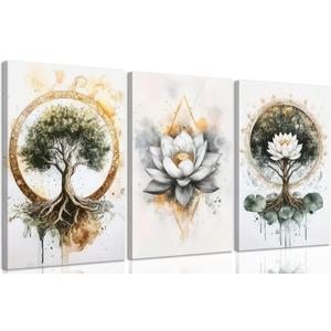 3PCS Zen Meditation Lotus Canvas Wall Art Spiritual Bathroom Yoga Spa Paintings Pictures Wall Decor Tree of Life Posters Prints Artwork for Living Room Office Bedroom Home Decoration., 24"L x 16"W-Canvas
