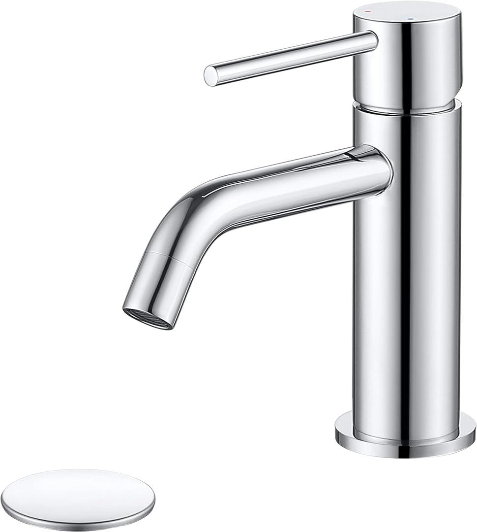 Chrome Bathroom Faucet Single Hole, Single Handle Water Faucet for Bathroom with Pop Up Drain Assembly and Water Faucet Supply Lines