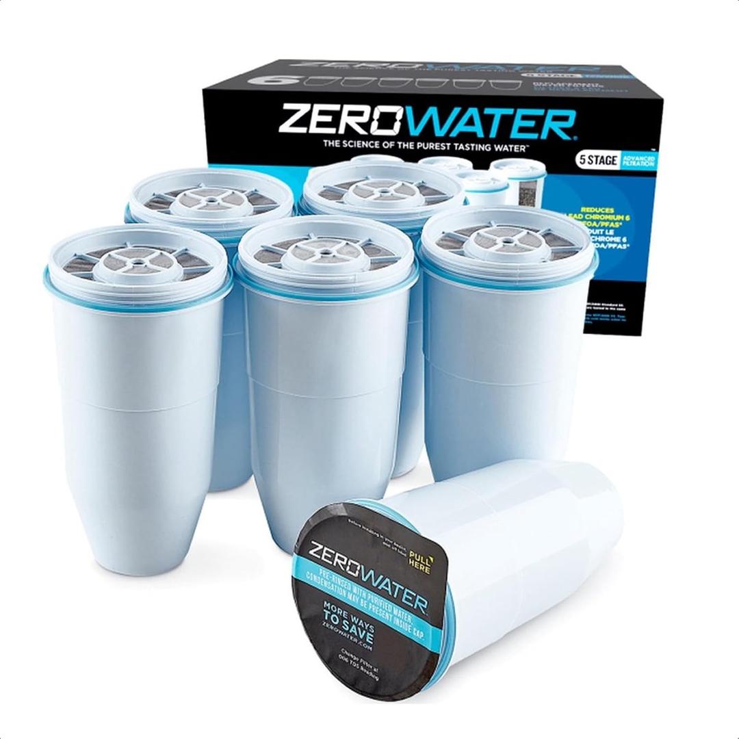 ZeroWater Official Replacement Filter - 5-Stage 0 TDS Filter Replacement - System IAPMO Certified to Reduce Lead, Chromium, and PFOA/PFOS, 6-Pack