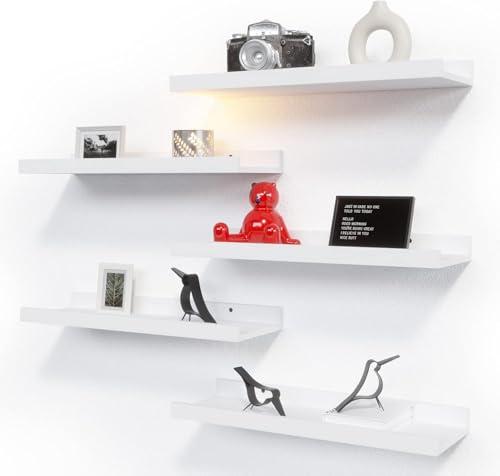 RICHER HOUSE 5 Set White Floating Shelves, Wall Mounted Shelves for Wall Decor, Modern Picture Ledge Shelf with Lip for Storage Nursery, Bedroom, Living Room, Bathroom - White
