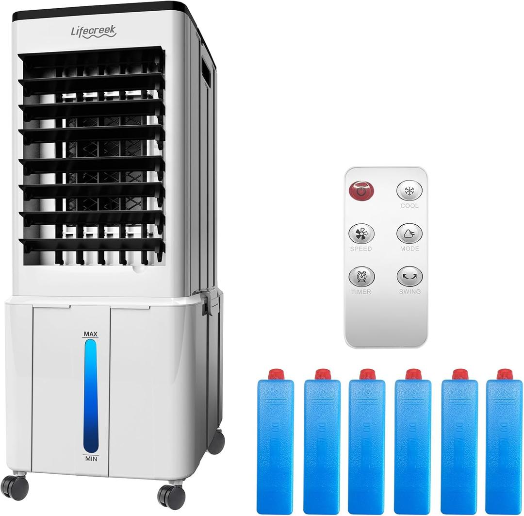 Lifecreek Portable Air Conditioner, 3-in-1 Evaporative Air Cooler with 3.2 Gal Water Tank, Windowless Portable AC Fan with 6 Ice Packs, Remote, 12H Timer, 3 Speeds, 4 Modes for Room Bedroom Office