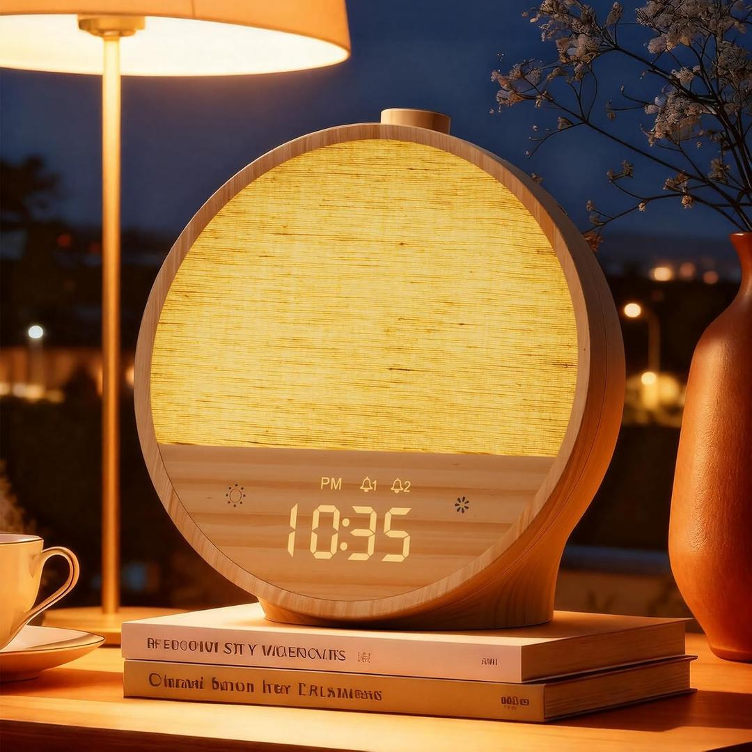 Vivilumens Wood Grain Sunrise Alarm Clock, Gentle Wake-Up Light Sound Machine, Dual Alarms for Heavy Sleepers, Natural Sounds, RGB Mood Light, Dimmable Bedside Night Lamp, Ideal for Bedroom & Gifts