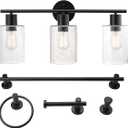 Globe Electric 51851 Bristol 5-Piece All-in-One Bathroom Set, Matte Black, 3-Light Vanity Light with Seeded Glass Shades, Towel Bar, Towel Ring, Robe Hook, Toilet Paper Holder Matte Black, Bristol