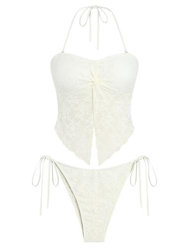 ZAFUL Floral Twist Bikini Set for Women Halter Tankini Tie Side String Swimsuit Two Piece Bathing Suit 2-Lace Beige, Size medium
