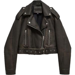 LY VAREY LIN Women Faux Leather Cropped Jacket Lapel Zipper Biker Short Coat with Belt (Small, 2371 Dark Green)