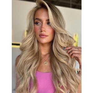 Highlight Blonde Wig 18 Inch Medium Length Wavy Glueless Ombre Mixed Brown Honey Blonde Lace Front Wig Pre Plucked HD 13x4 Synthetic Lace Front Wigs for Women