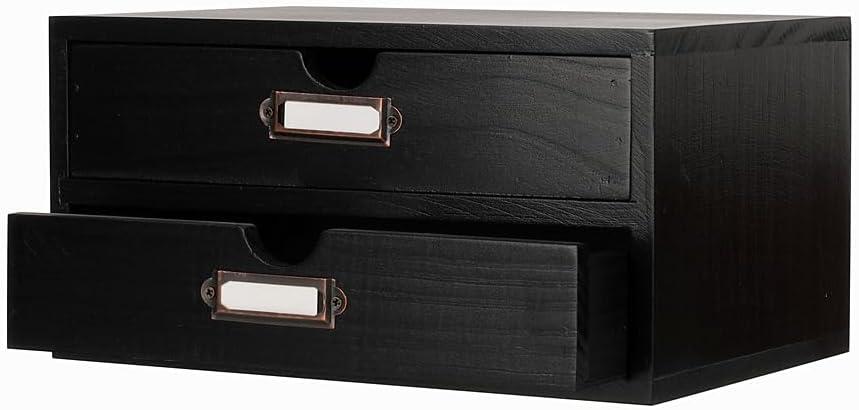 Wooden Storage Box Rustic Desktop Organizer with 2 Drawers Office Desk Accessories Shelf Small Craft Storage Containers Apothecary Cabinet and Chest Jewelry Holder for women(BLACK)