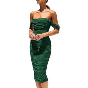 PRETTYGARDEN Summer Off The Shoulder Ruched Bodycon Dresses Sleeveless Sexy Party Club Midi Dress Size S