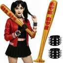 VioraWhite 3 Pcs Halloween Women Jester Costumes Accessory Set Inflatable Baseball Bat Spike Leather Punk Cuff Bracelet Women(Bye Bye)
