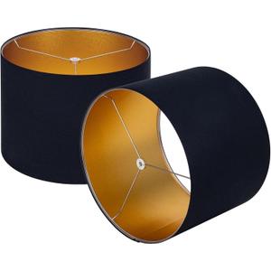 Wellmet Blackgold Set of 2 Drum Lampshades, Easy Assembly Required 16" Top x 16" Bottom x 12" High Replacement Lamp Shades, Fabric Lampshades for Table Lamps Floor Lamps, Metal Spider Fitter