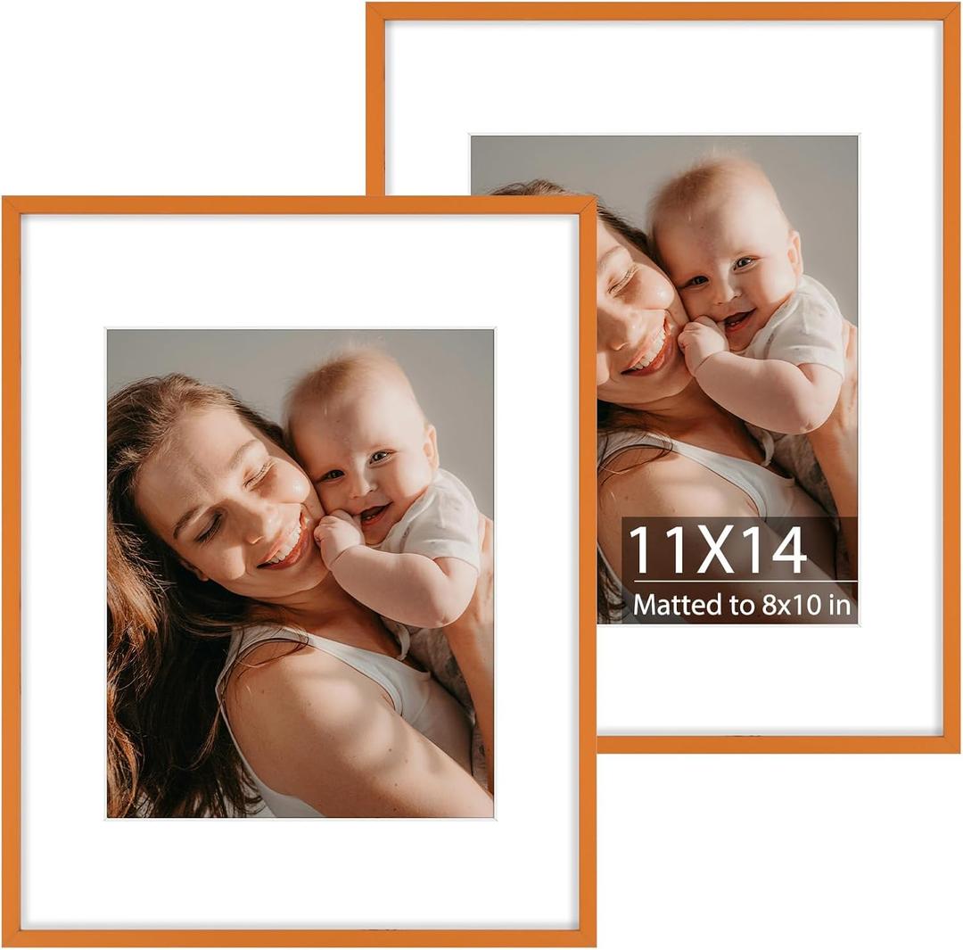 Set of 2 Orange 11x14 Aluminum Picture Frames with Mat for 8x10 Photos - Durable HD Plexiglass for Superior Clarity - Versatile Colorful Metal Frames Ideal for Wall Mounting Vertically or Horizontally