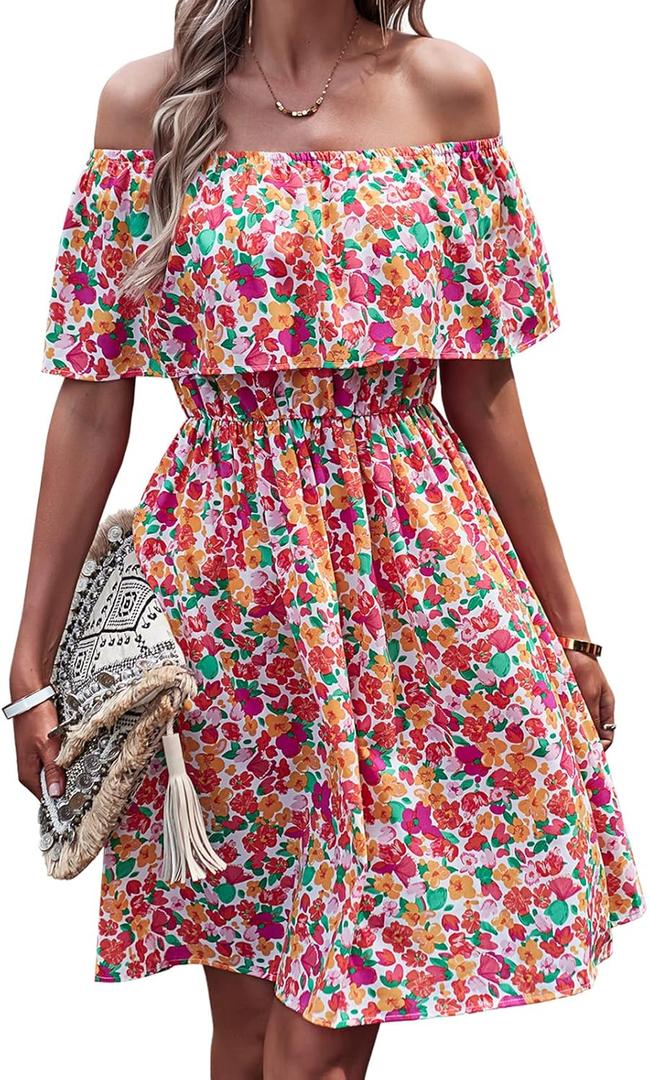 Off Shoulder Boho Floral Swing Mini Dress Summer Strapless Pleated Short Dress (M)
