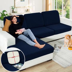 YEMYHOM Clearance Sectional Couch Covers for L Shaped Chaise Lounge 1 Piece Separate Cushion Couch Universal Replacement Large Checkered Furniture Protector with Elastic Bottom (Chaise Cover, Navy)