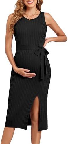 V FOR CITY Maternity Dress for Baby Shower Cable Knit Slit Pregnancy Dresses Casual Sleeveless Bodycon Pregnant Clothes, XL