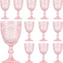 Pink Glass Goblets Wine Glassware, 10 oz Vintage Wine Glasses Set of 12, Romantic Wedding Glass Set, Embossed Drinking Stemware Beverage Cups for Wedding Engagement Christmas Party Bar, standard