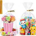 Soarvita Cellophane Bags 8x11x3.2 Inch, 50 Pcs Clear Plastic Gift Bags with Bottom Gusset for Stand-Up Display, Medium Cello Gift Wrap for Goodies, Treat, Candy, Party Favors, Includes 60 Gold Ties